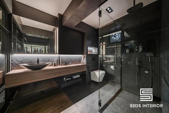 Industrial Bathroom with Marble Floor and Rainshower