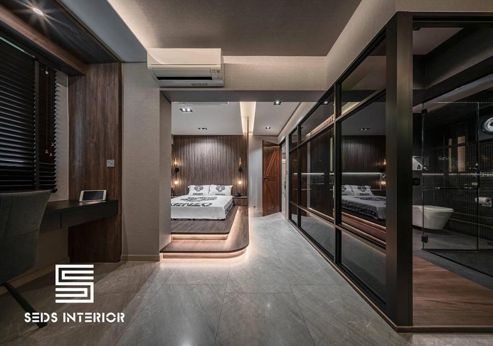 Industrial Bedroom with Platform Bed and Homogeneous Tiles