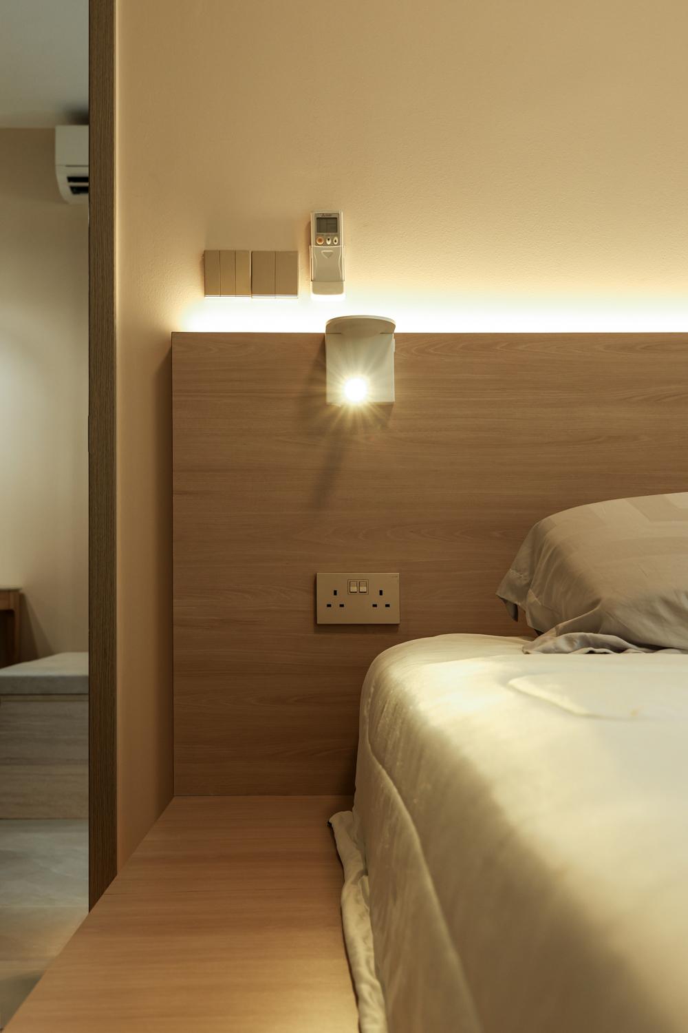 Scandinavian Bedroom with Platform Bed and Cove Lighting