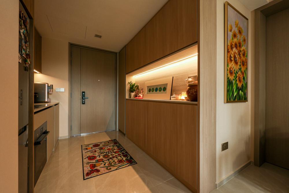 Scandinavian Foyer with Open Kitchen and Storage Cabinets