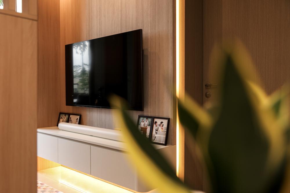 Scandinavian Living Room with TV Console and Feature Wall