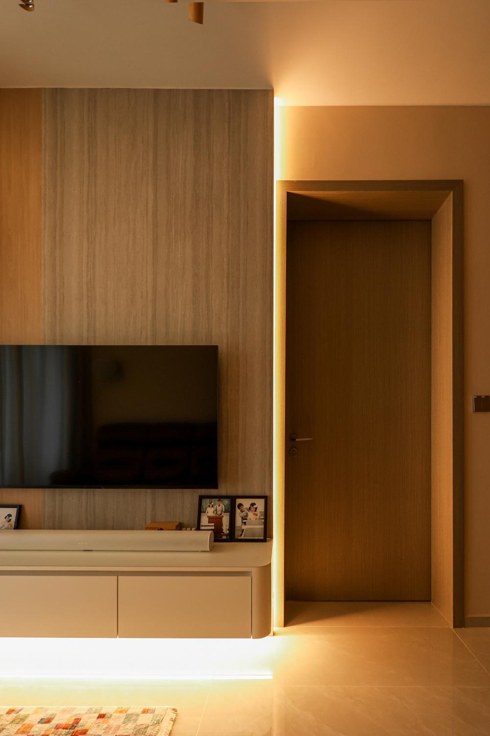 Scandinavian Living Room with TV Console and Feature Wall