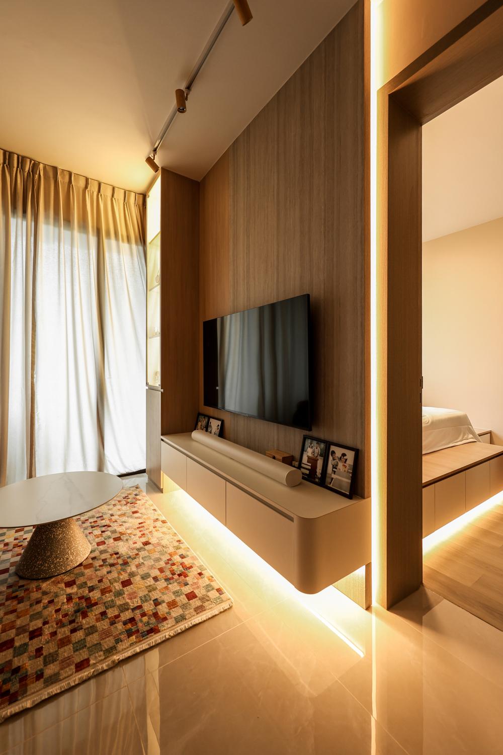 Scandinavian Living Room with TV Console and Feature Wall