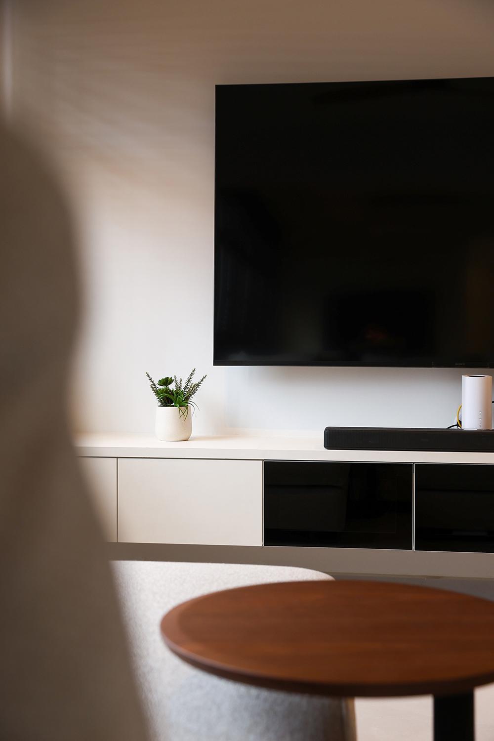 Minimalist Living Room with TV Console and Houseplants