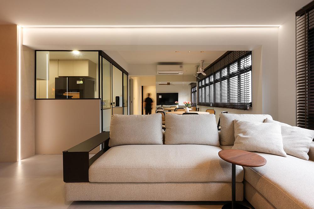 Minimalist Living Room with Homogeneous Tiles and Sofa