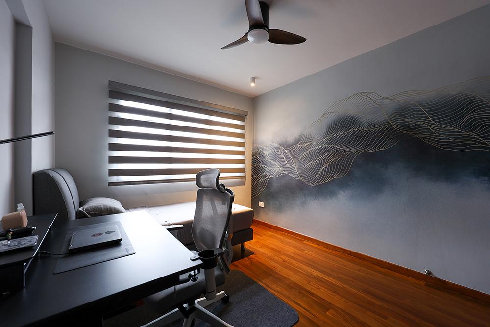 Minimalist Bedroom with Wallpaper and Lighting