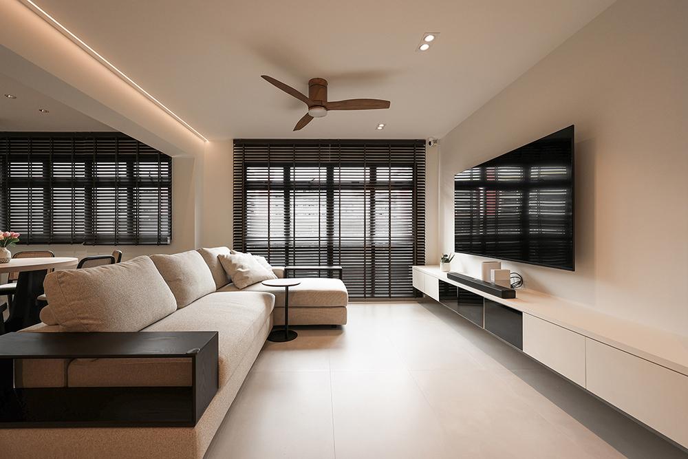 Minimalist Living Room with Homogeneous Tiles and TV Console