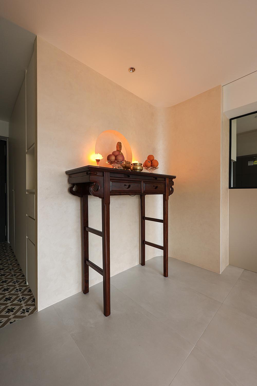 Minimalist Foyer with Feature Wall and Altar