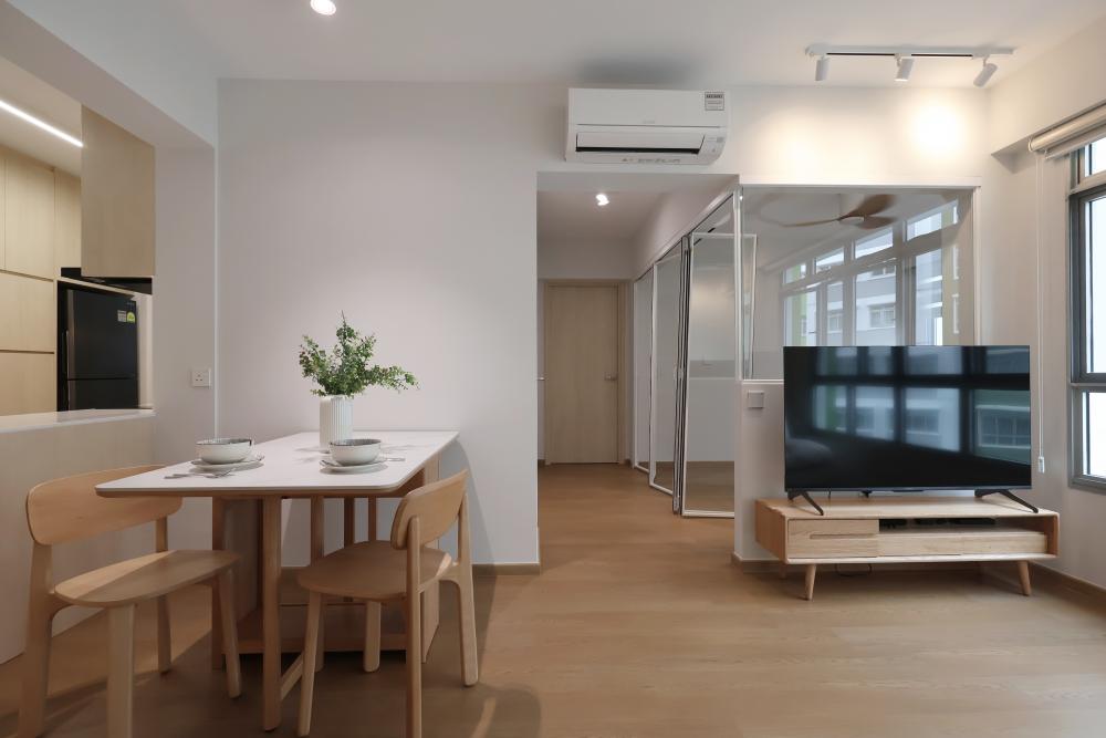 Minimalist Living Room with Vinyl Flooring and Ceiling Light