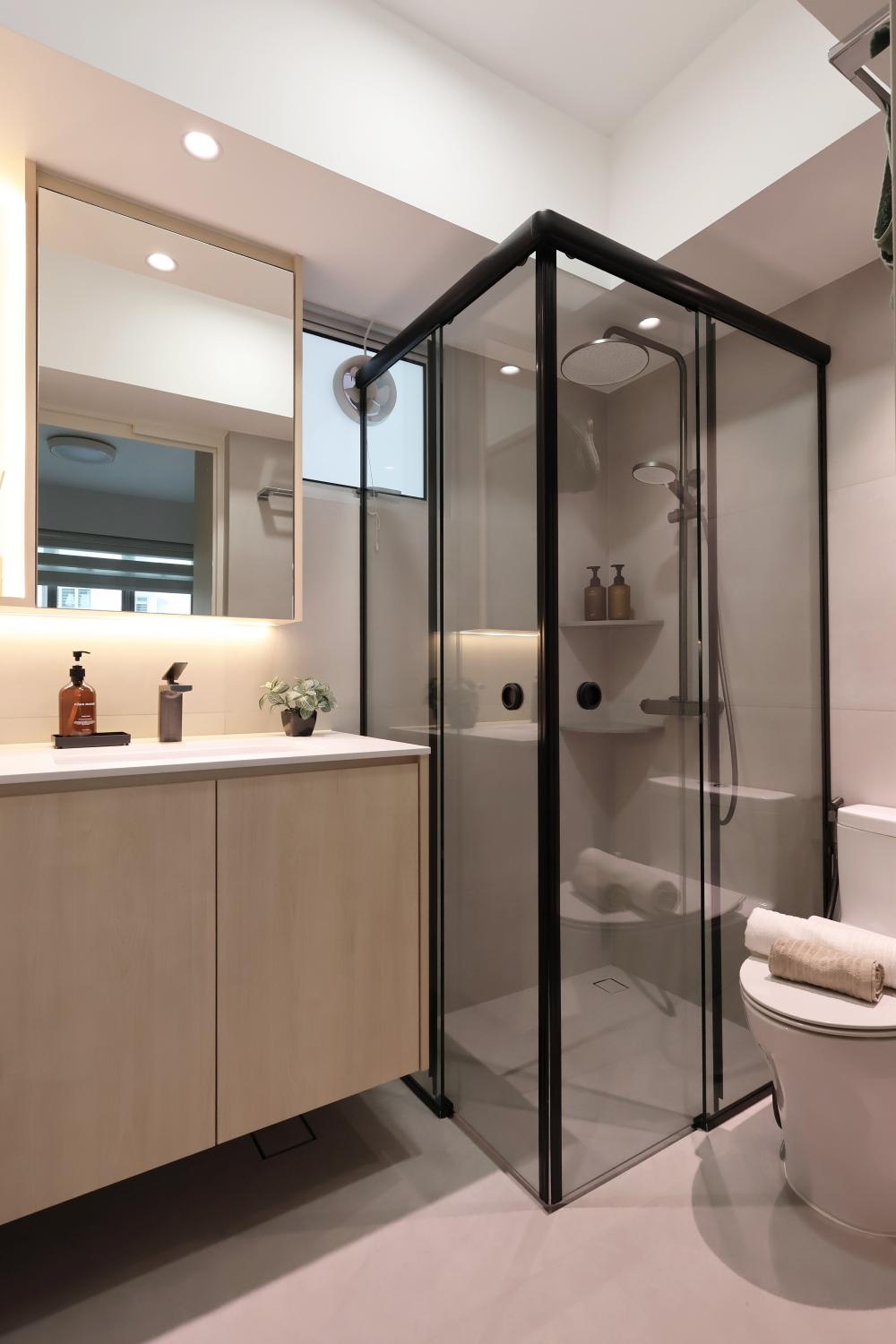 Minimalist Bathroom with Mirror and Shower Screen