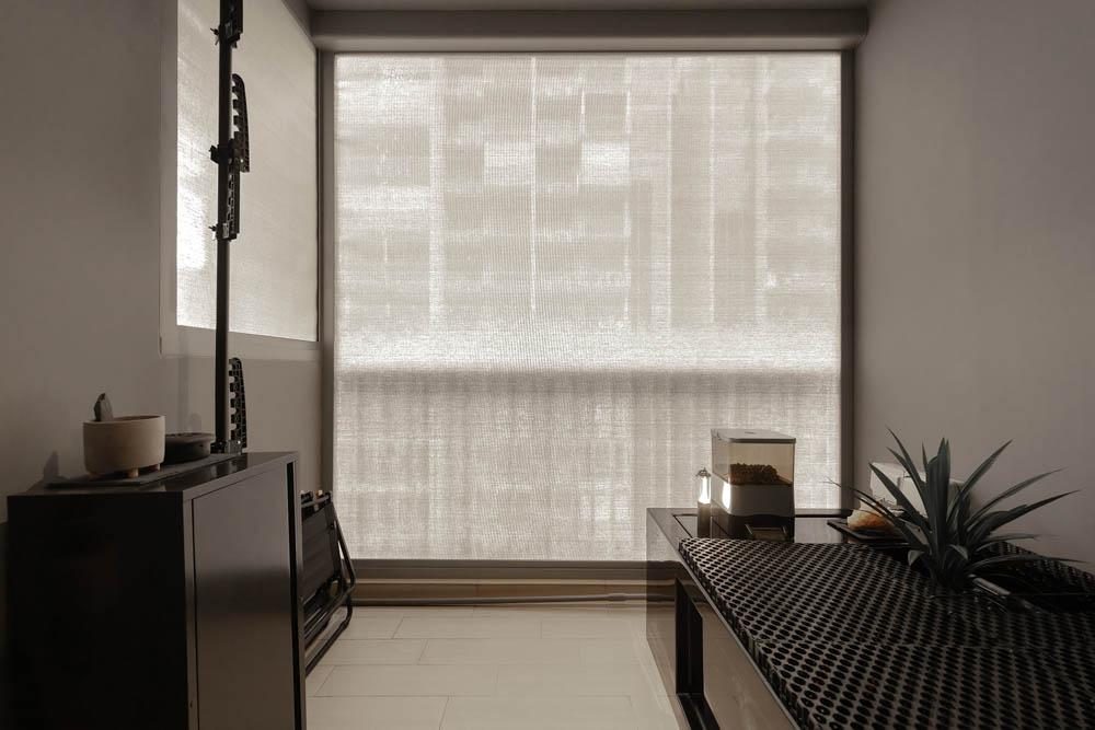 Modern Balcony with Storage Cabinets and Blinds