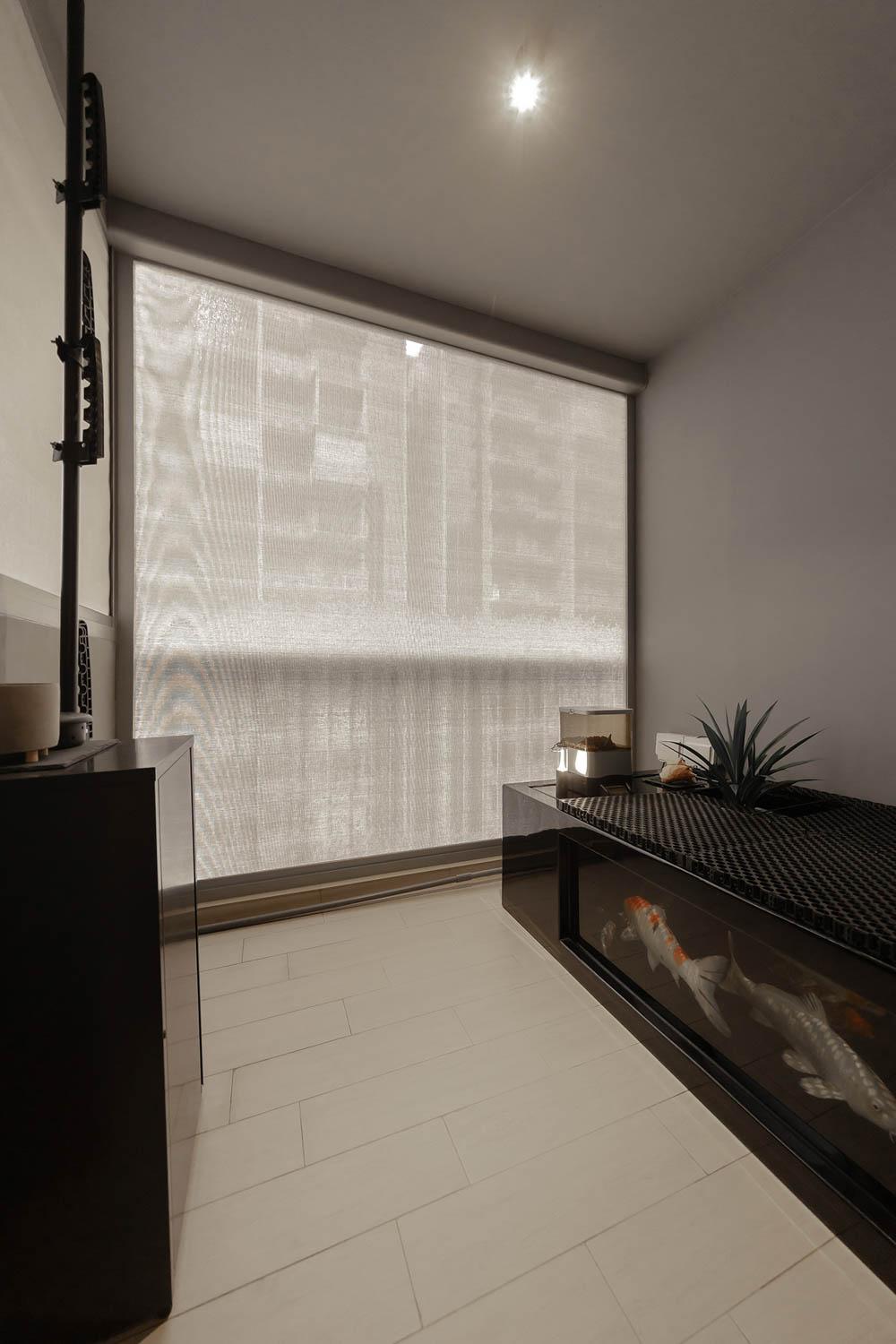Modern Balcony with Storage Cabinets and Blinds