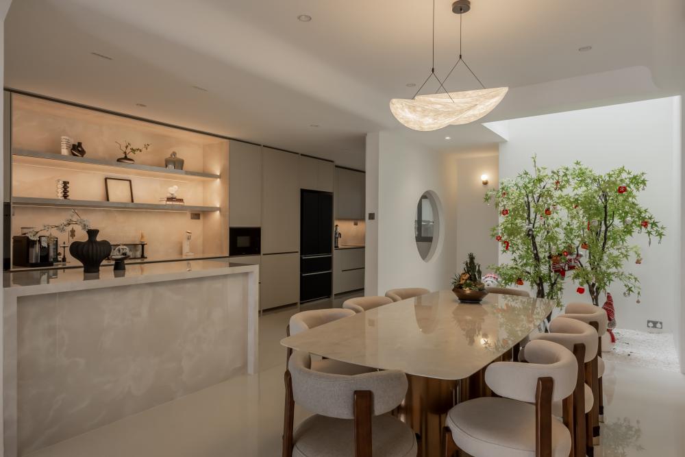 Modern Living Room with Feature Wall and Kitchen Island