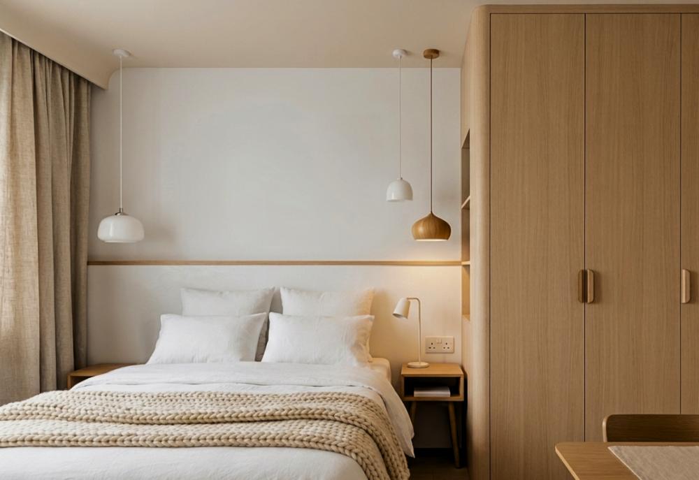 Scandinavian Bedroom with Bookshelf and Queen Bed