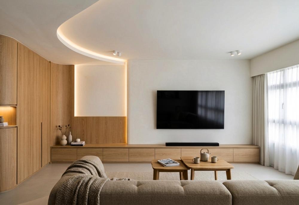 Scandinavian Living Room with TV Console and Feature Wall