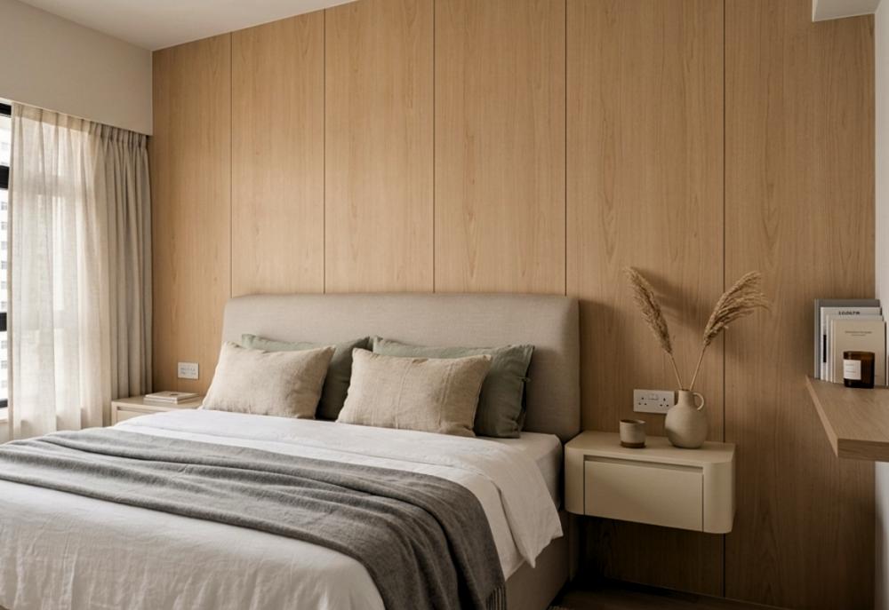 Scandinavian Bedroom with Bookshelf and Feature Wall