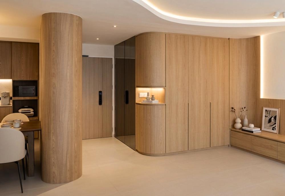 Scandinavian Living Room with Feature Wall and Display Cabinets
