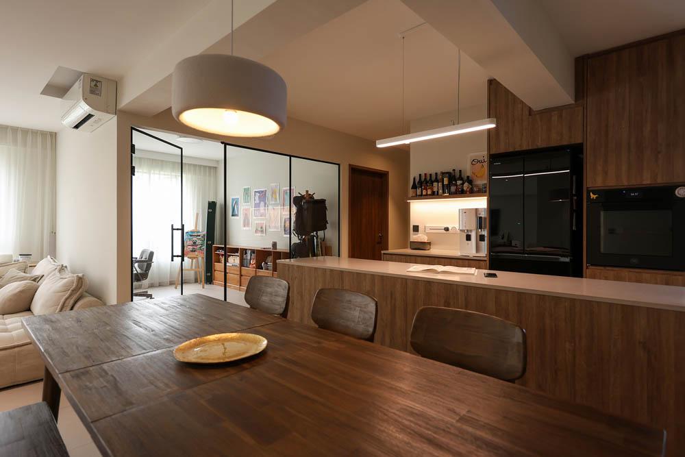 Minimalist Dining Room with Breakfast Counter and Storage Cabinets