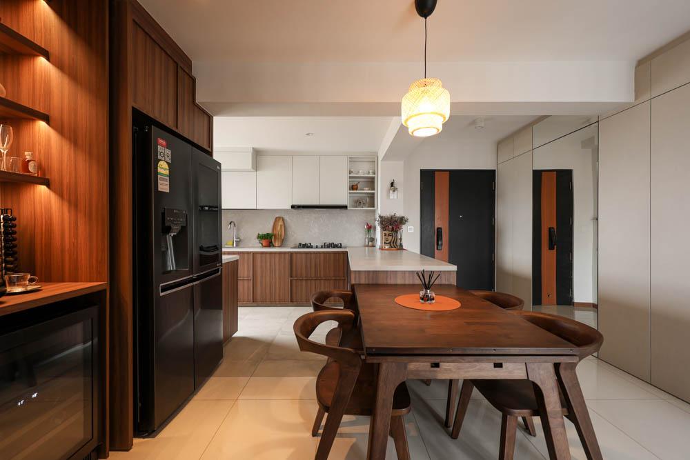Modern Dining Room with Open Kitchen and Storage Cabinets