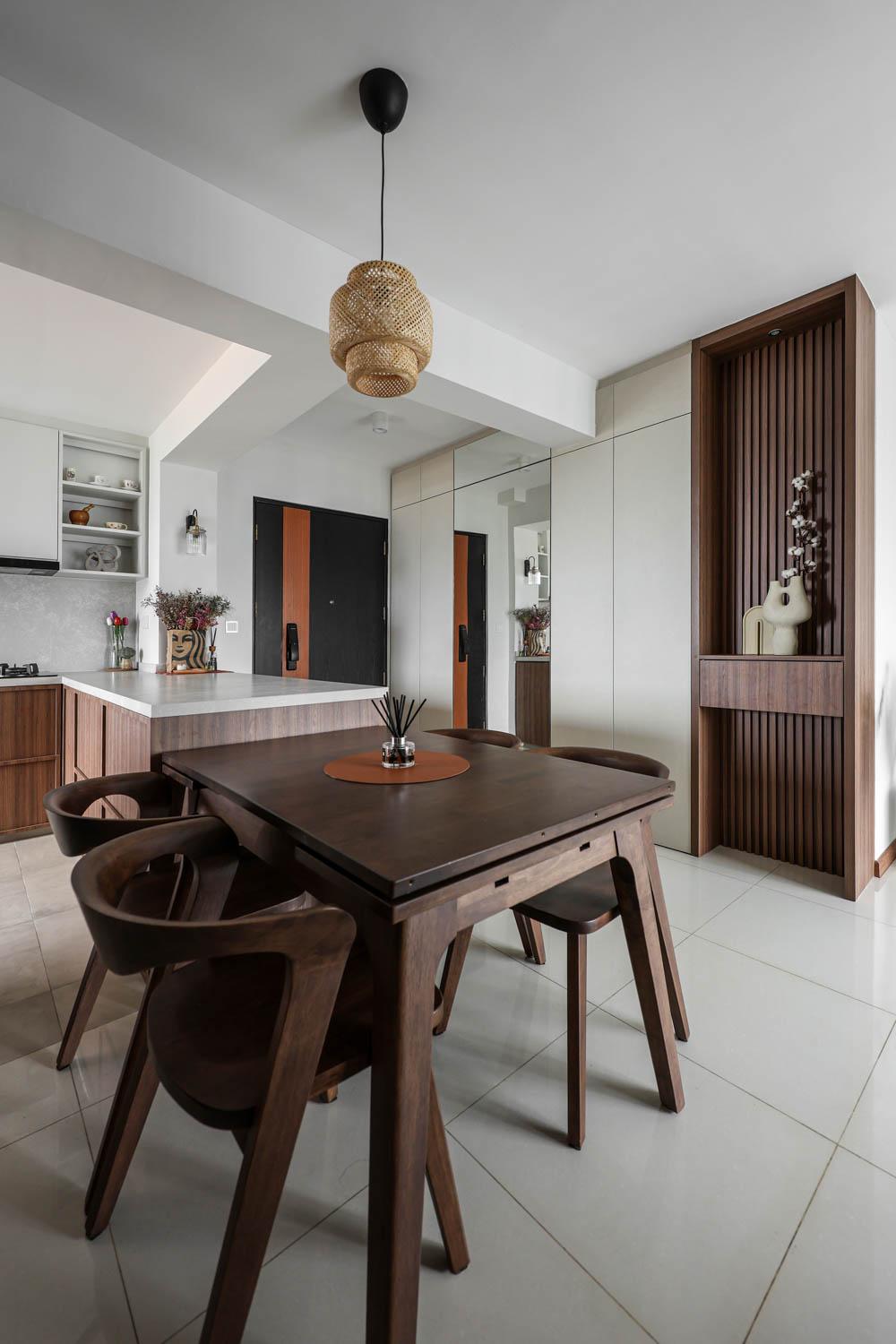 Modern Dining Room with Homogeneous Tiles and Breakfast Counter