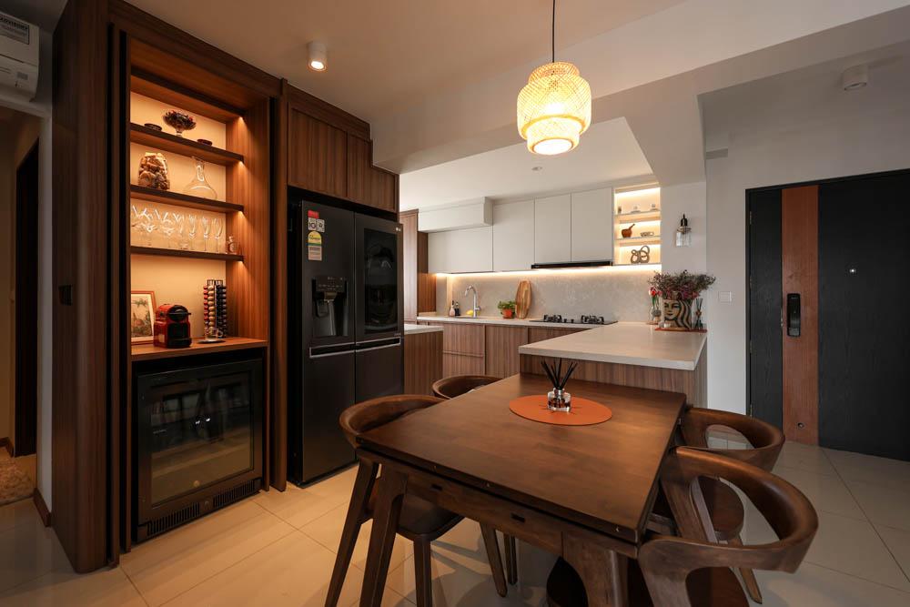 Modern Dining Room with Open Kitchen and Storage Cabinets