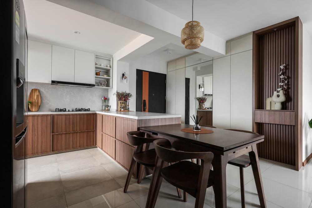 Modern Dining Room with Homogeneous Tiles and Open Kitchen