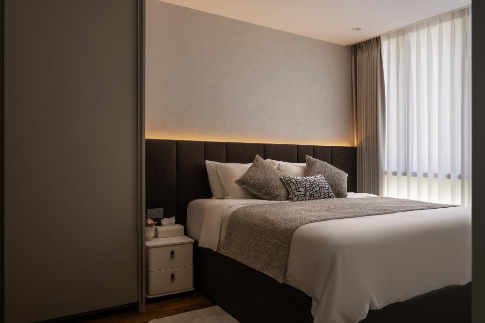 Contemporary Bedroom with Cove Lighting and Curtain