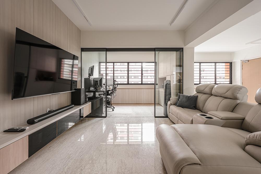Scandinavian Living Room with Homogeneous Tiles and TV Console