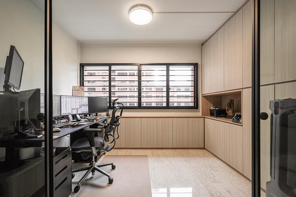 Scandinavian Home Office with Bookshelf and Storage Cabinets