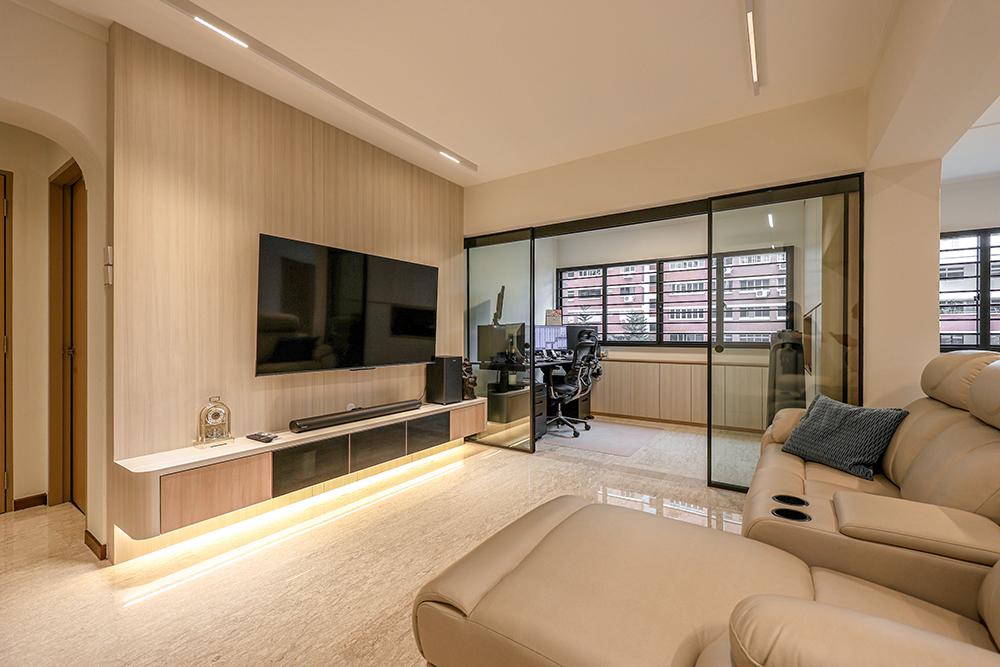 Scandinavian Living Room with Homogeneous Tiles and TV Console