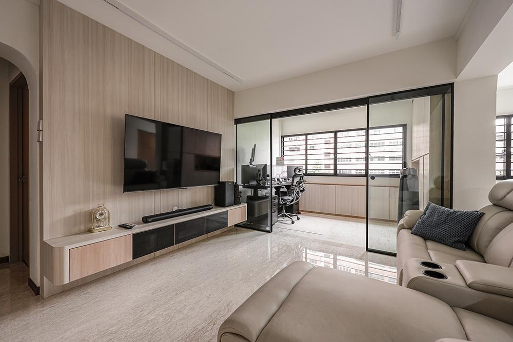Scandinavian Living Room with TV Console and Feature Wall