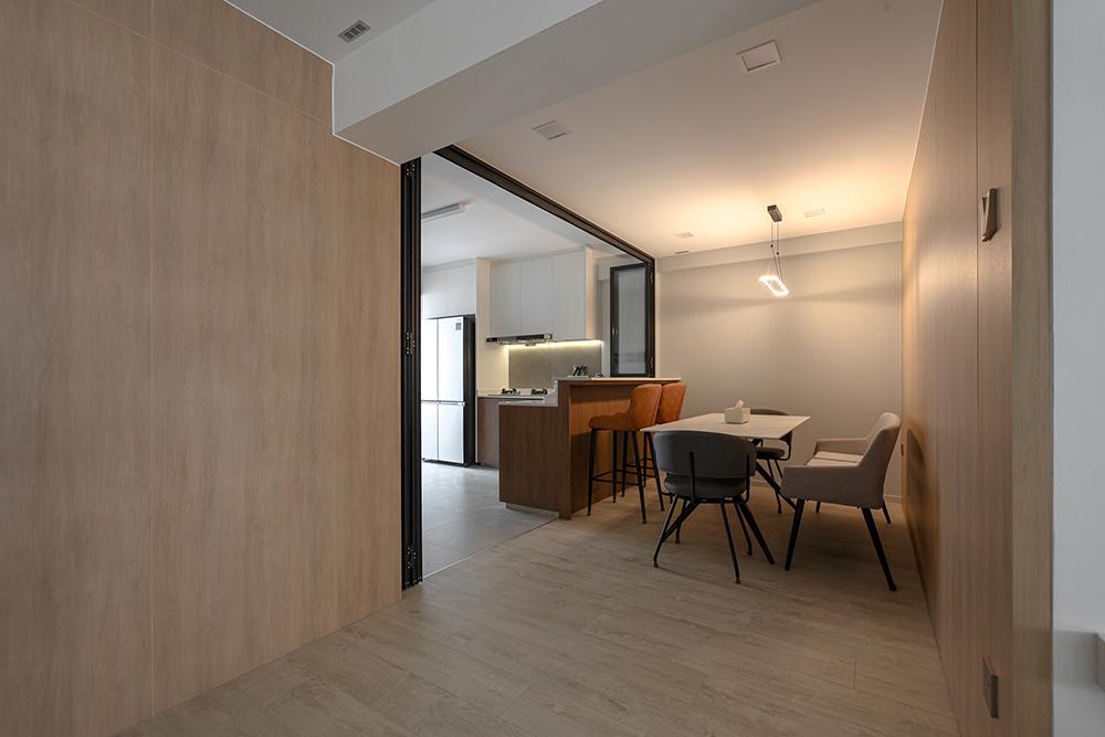 Scandinavian Dining Room with Vinyl Flooring and Feature Wall