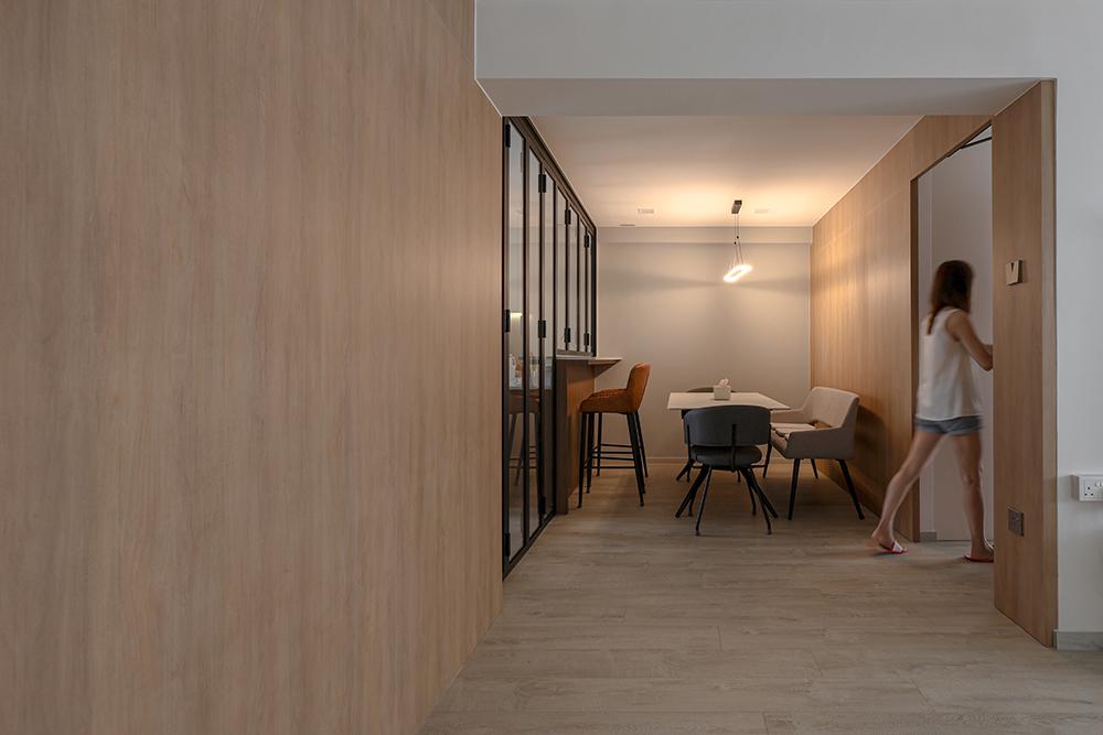 Scandinavian Dining Room with Vinyl Flooring and Feature Wall