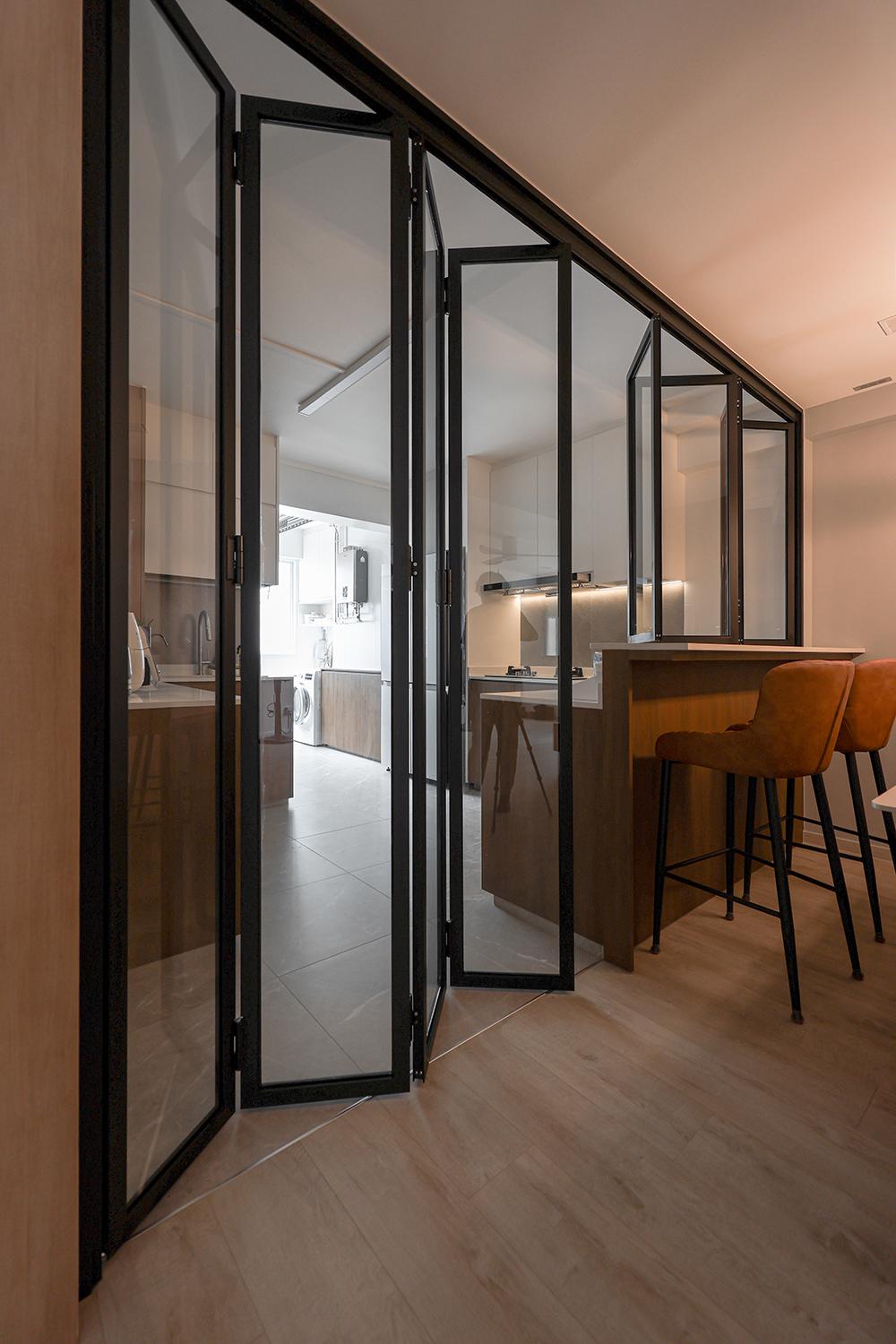 Scandinavian Kitchen with Glass Door and Breakfast Counter