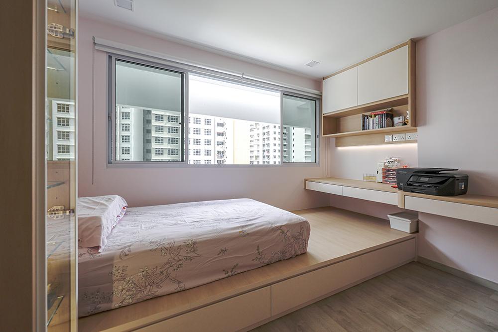 Scandinavian Bedroom with Platform Bed and Vinyl Flooring