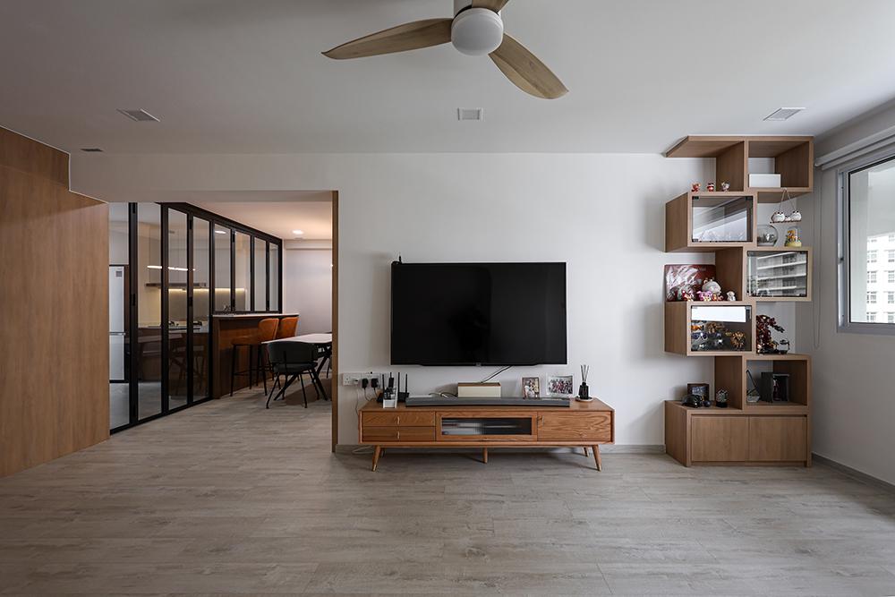 Scandinavian Living Room with Vinyl Flooring and Feature Wall