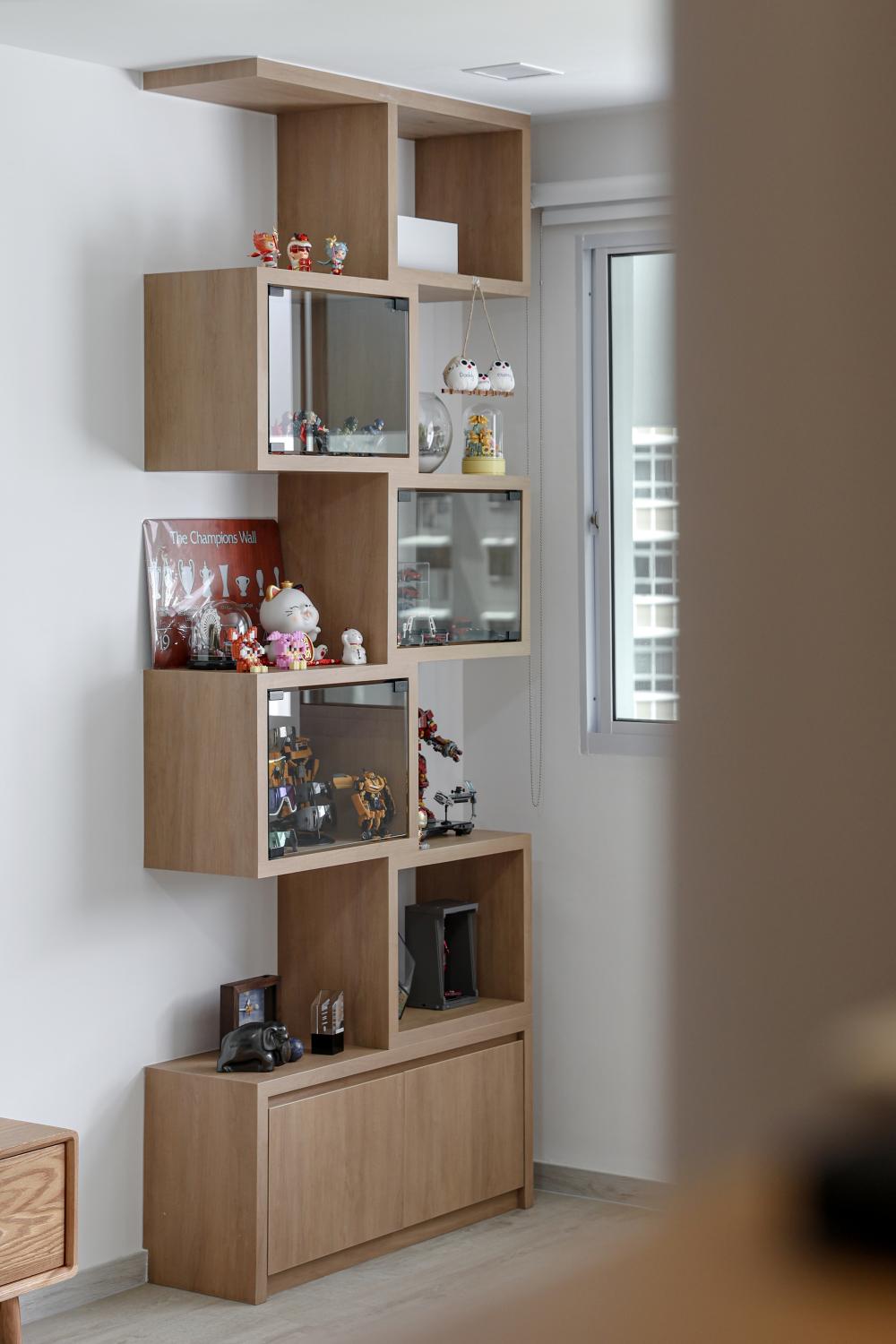 Scandinavian Living Room with Vinyl Flooring and Display Cabinets