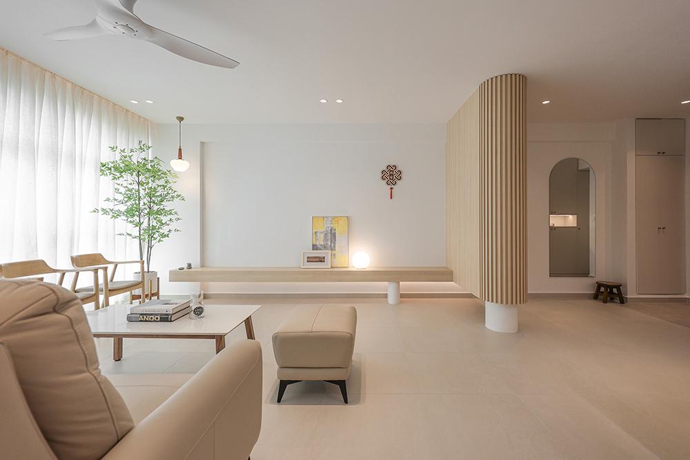 Minimalist Living Room with Homogeneous Tiles and TV Console