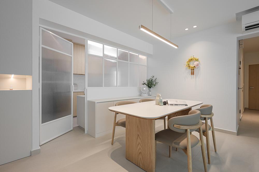 Minimalist Dining Room with Homogeneous Tiles and Glass Door