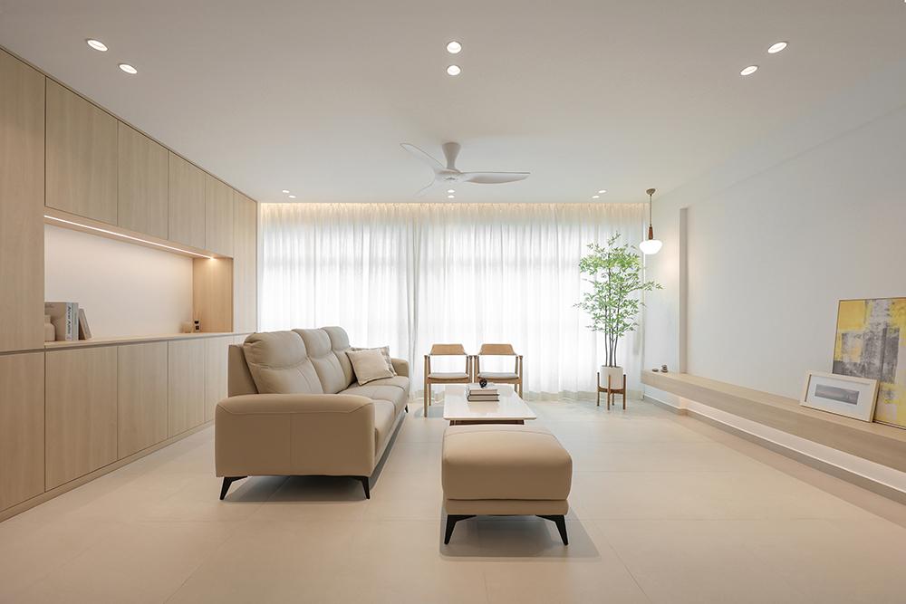 Minimalist Living Room with Homogeneous Tiles and TV Console