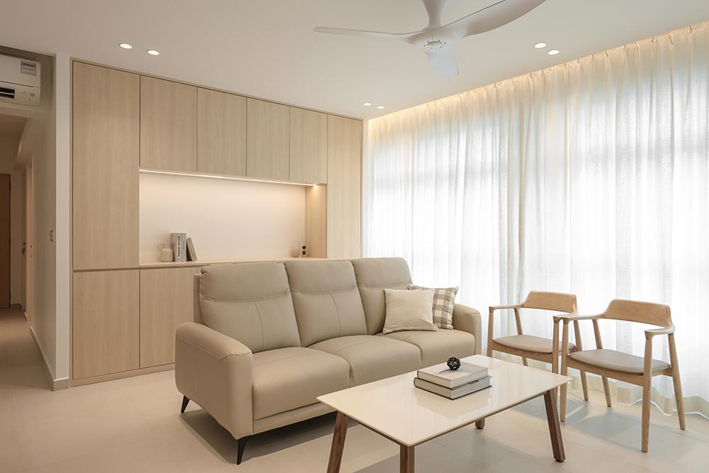 Minimalist Living Room with Homogeneous Tiles and Curtain