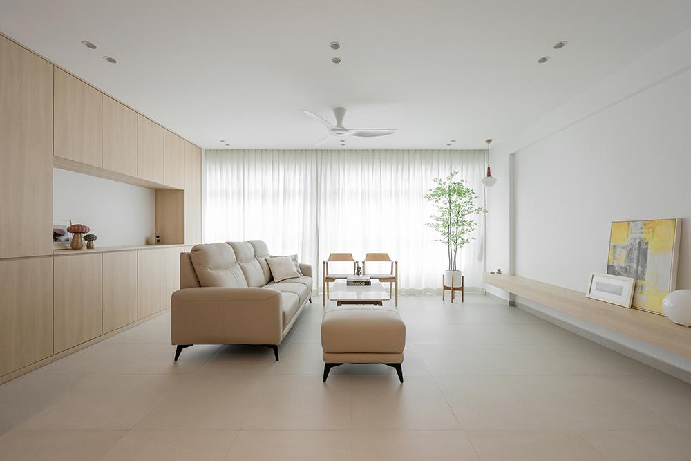 Minimalist Living Room with Homogeneous Tiles and TV Console