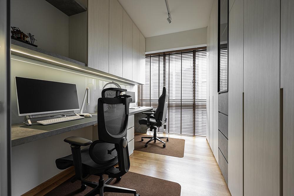 Modern Home Office with Bookshelf and Storage Cabinets