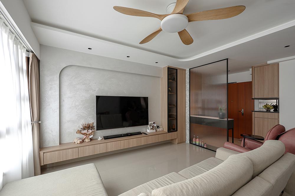 Scandinavian Living Room with TV Console and Feature Wall