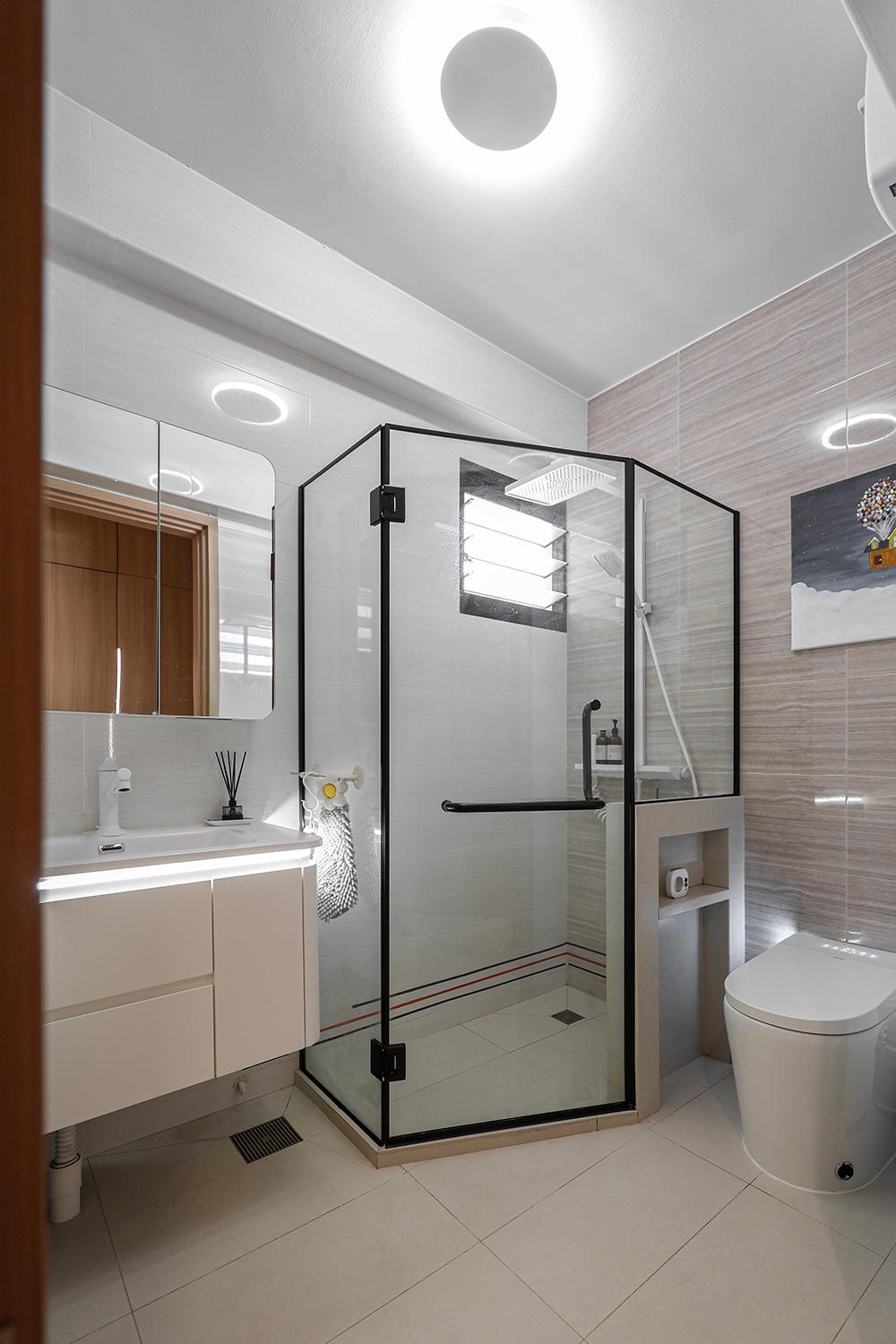 Scandinavian Bathroom with Homogeneous Tiles and Mirror