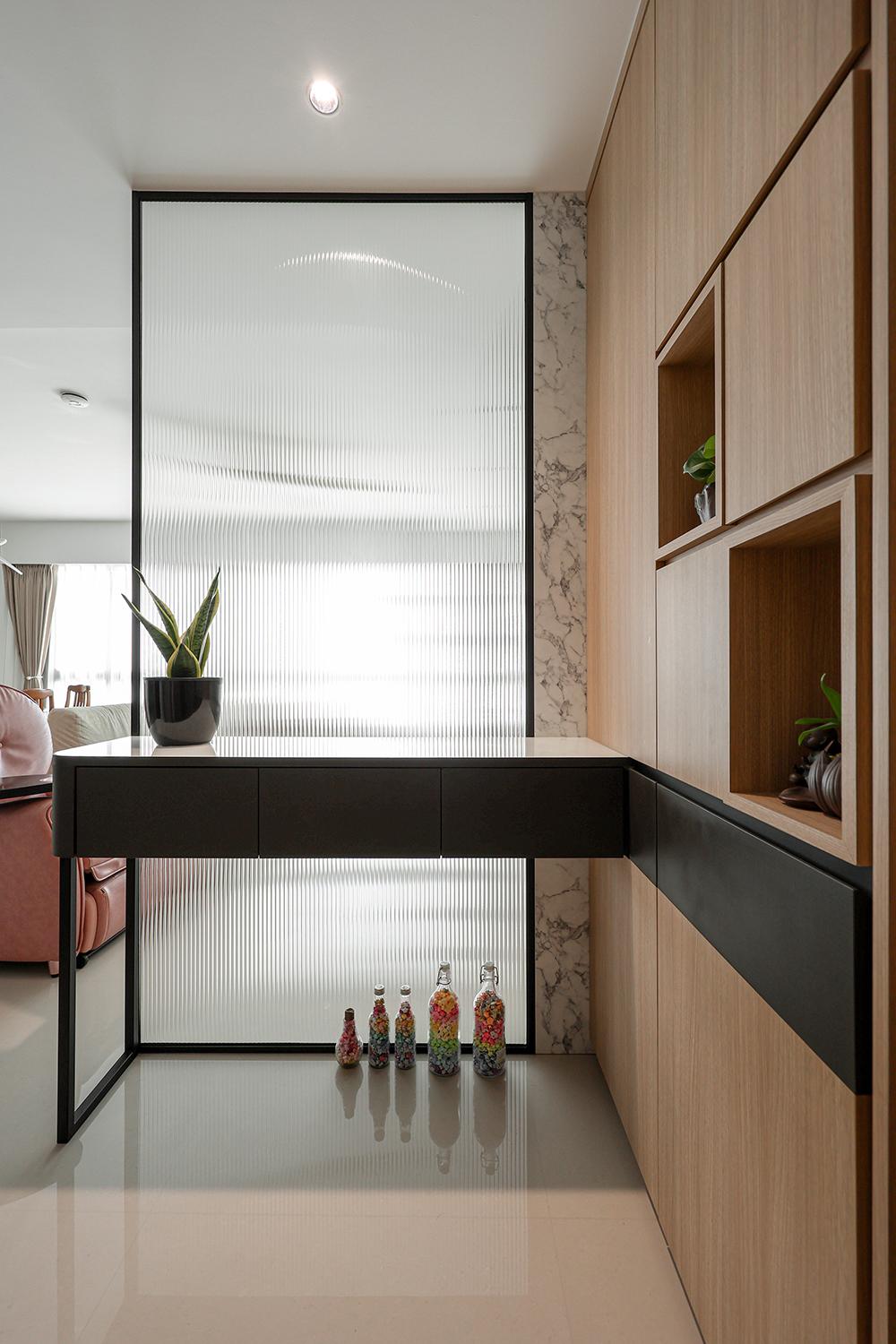 Scandinavian Foyer with Storage Cabinets and Room Divider