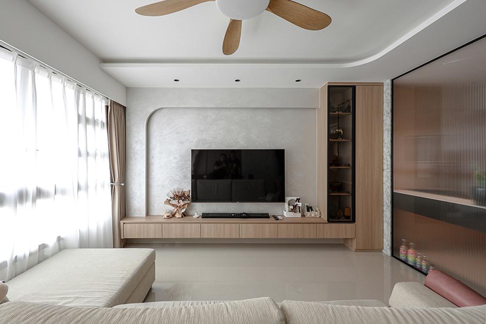 Scandinavian Living Room with TV Console and Feature Wall