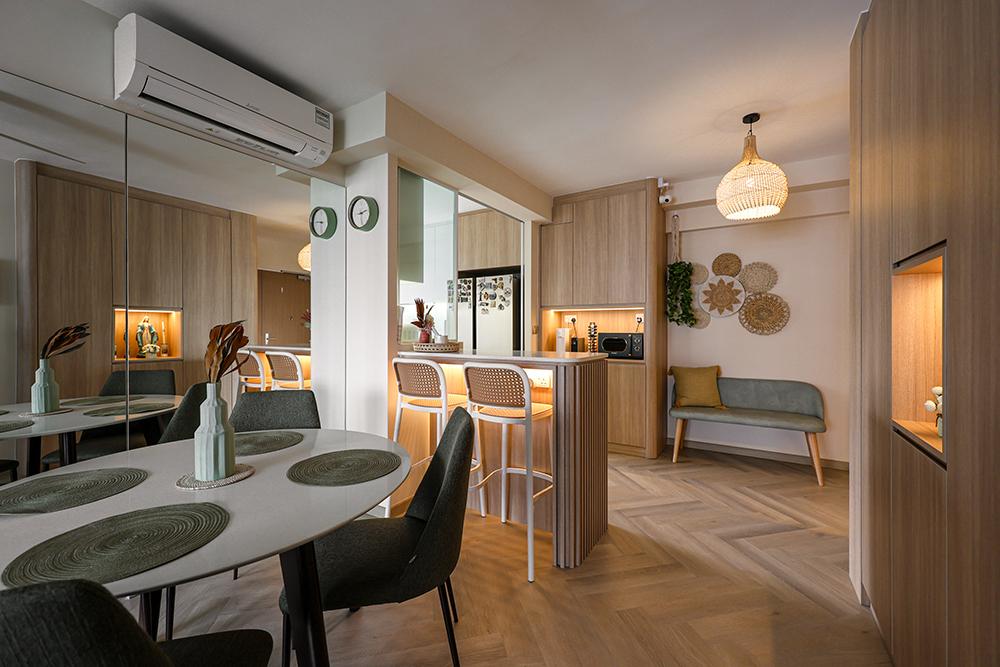 Country Dining Room with Vinyl Flooring and Mirror