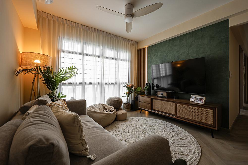 Country Living Room with TV Console and Feature Wall