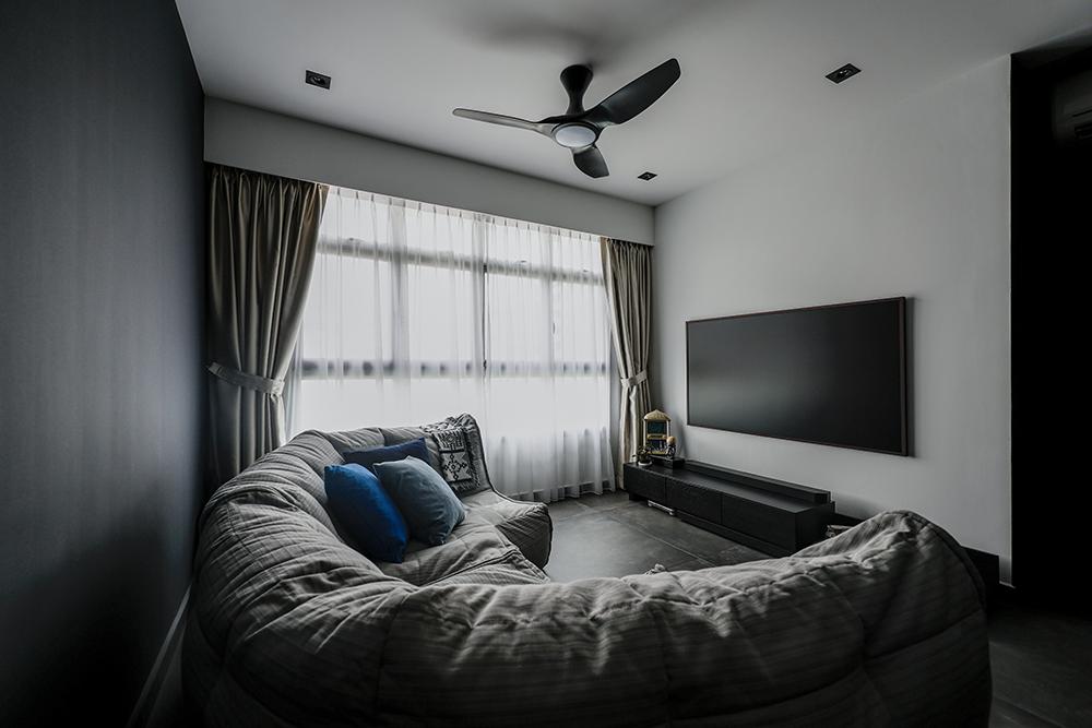Modern Living Room with Homogeneous Tiles and TV Console